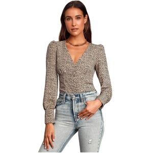 Lulus Blouse M Beige Black Polka Dot Print V-Neck Top Coquette Animal Print